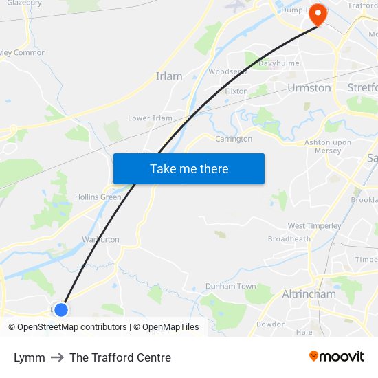 Lymm to The Trafford Centre map