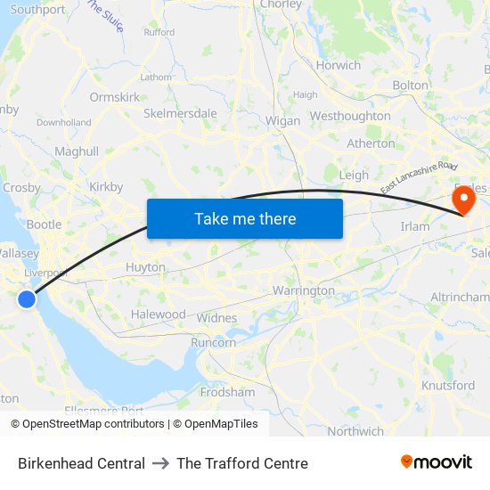 Birkenhead Central to The Trafford Centre map