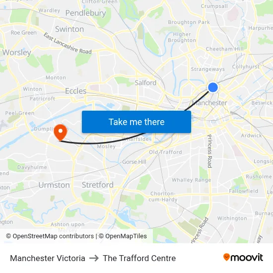 Manchester Victoria to The Trafford Centre map