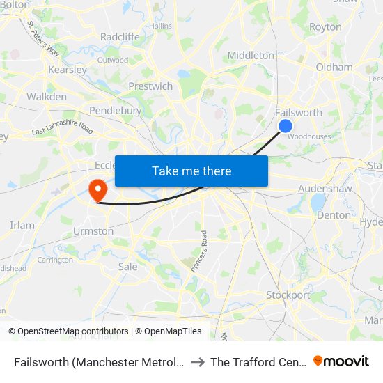 Failsworth (Manchester Metrolink) to The Trafford Centre map