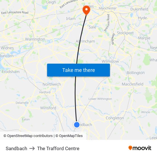 Sandbach to The Trafford Centre map