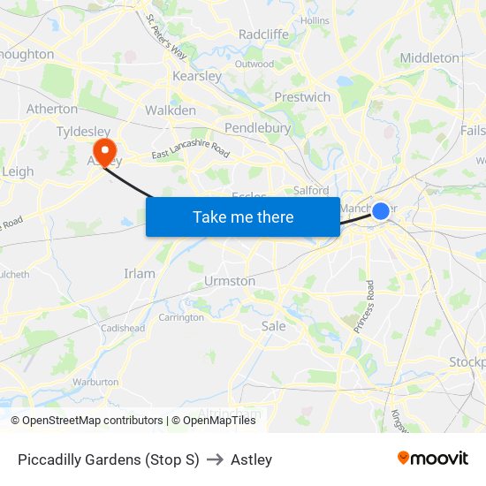 Piccadilly Gardens (Stop S) to Astley map