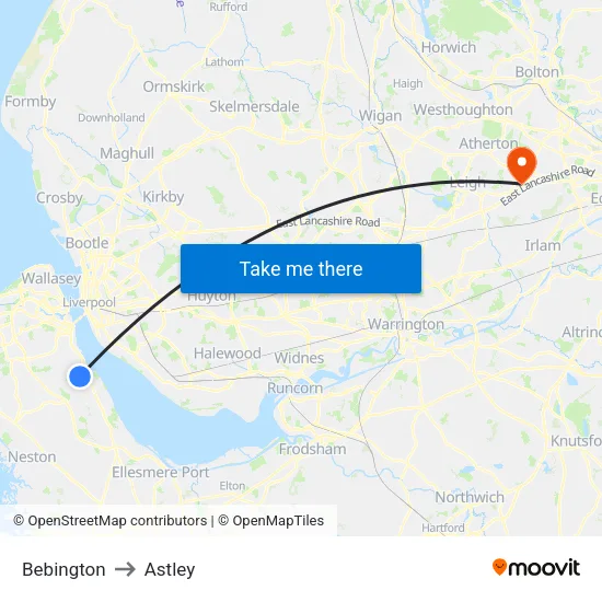 Bebington to Astley map