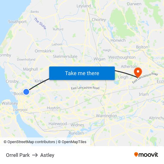 Orrell Park to Astley map