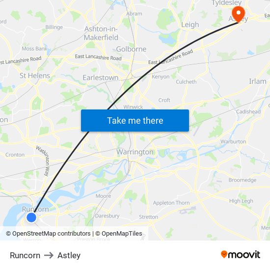 Runcorn to Astley map