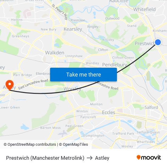 Prestwich (Manchester Metrolink) to Astley map