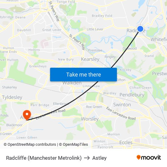 Radcliffe (Manchester Metrolink) to Astley map