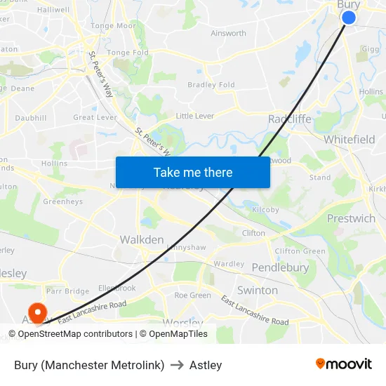 Bury (Manchester Metrolink) to Astley map