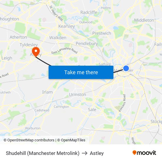 Shudehill (Manchester Metrolink) to Astley map