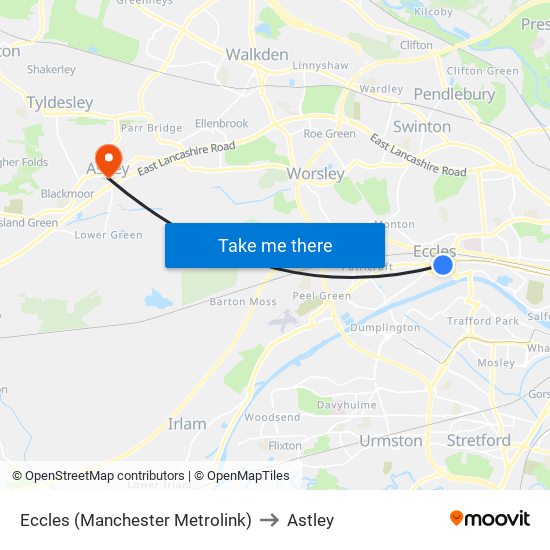 Eccles (Manchester Metrolink) to Astley map