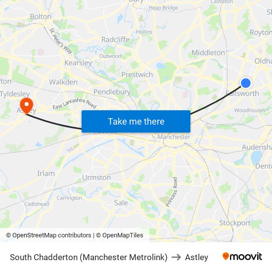 South Chadderton (Manchester Metrolink) to Astley map