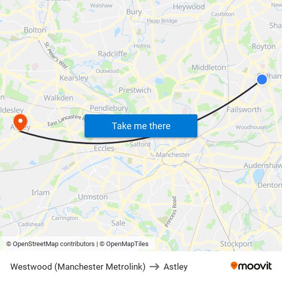 Westwood (Manchester Metrolink) to Astley map