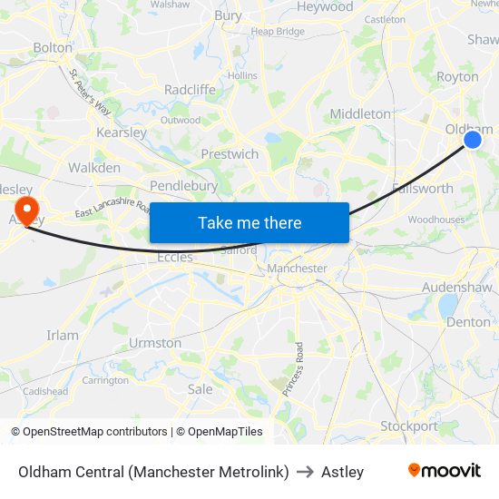 Oldham Central (Manchester Metrolink) to Astley map