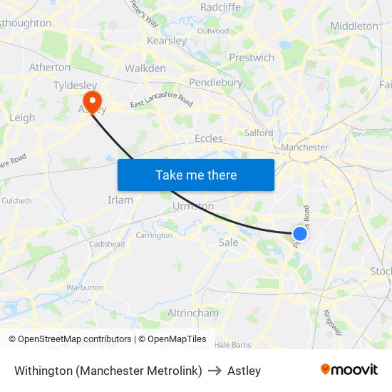 Withington (Manchester Metrolink) to Astley map