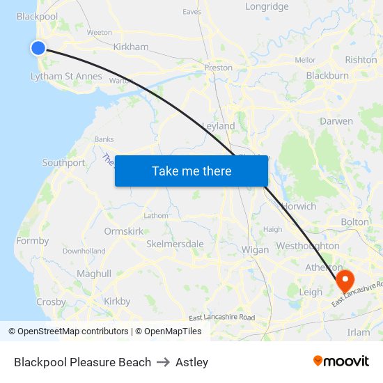 Blackpool Pleasure Beach to Astley map