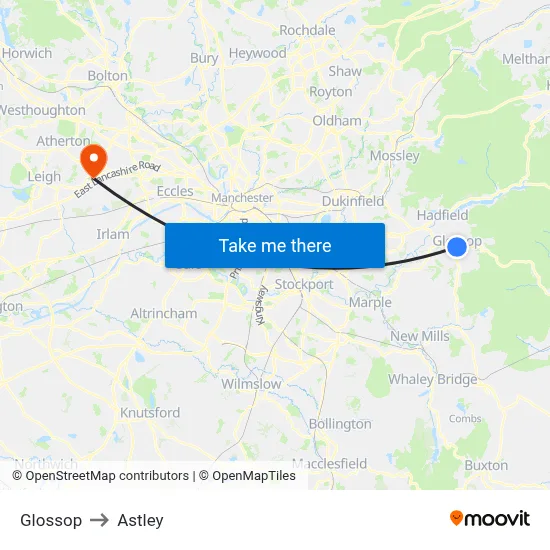 Glossop to Astley map