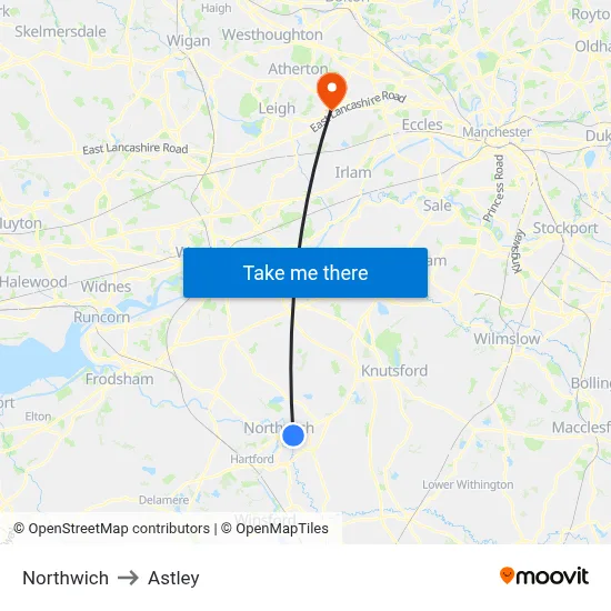 Northwich to Astley map