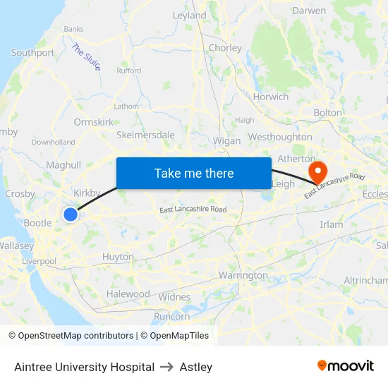 Aintree University Hospital to Astley map