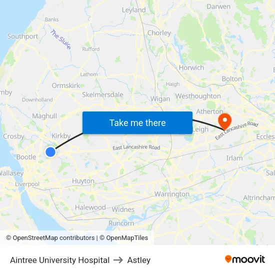 Aintree University Hospital to Astley map