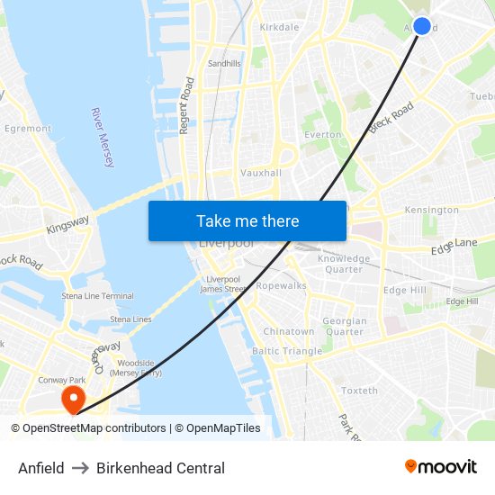 Anfield to Birkenhead Central map