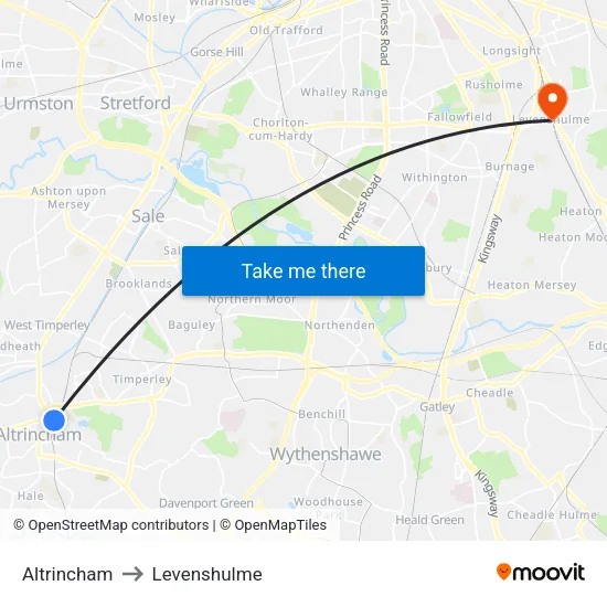 Altrincham to Levenshulme map