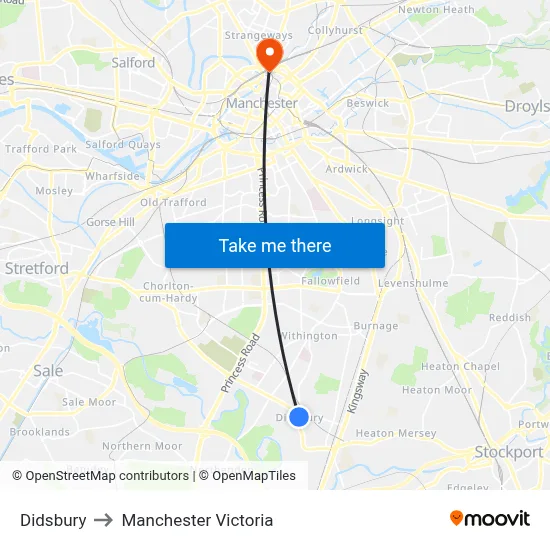 Didsbury to Manchester Victoria map