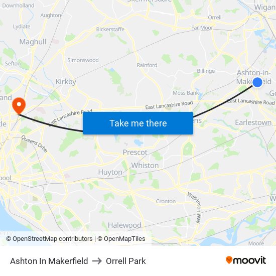 Ashton In Makerfield to Orrell Park map