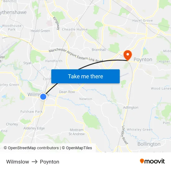 Wilmslow to Poynton map