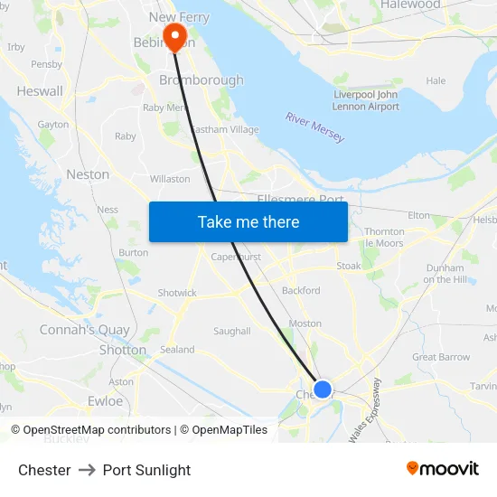 Chester to Port Sunlight map