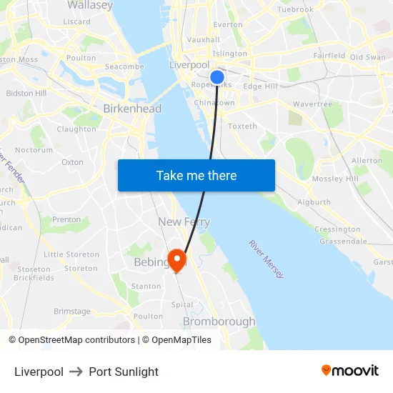 Liverpool to Port Sunlight map