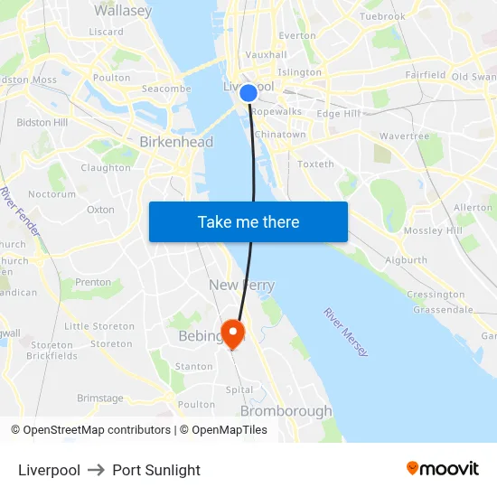 Liverpool to Port Sunlight map