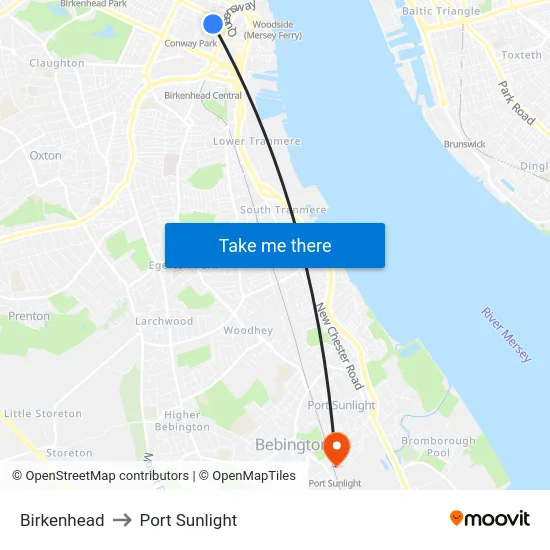 Birkenhead to Port Sunlight map