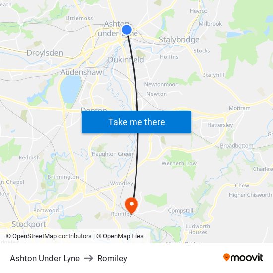 Ashton Under Lyne to Romiley map