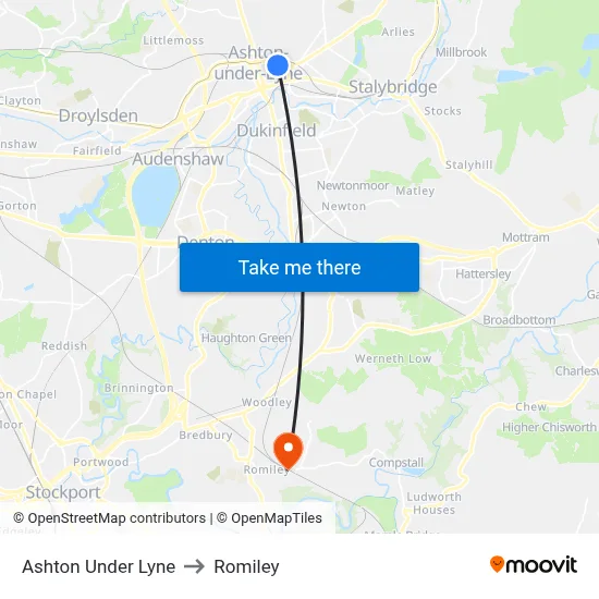 Ashton Under Lyne to Romiley map