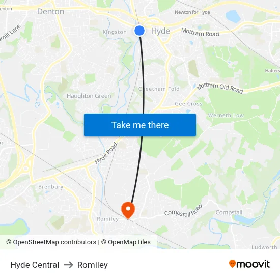Hyde Central to Romiley map