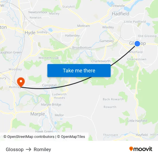 Glossop to Romiley map