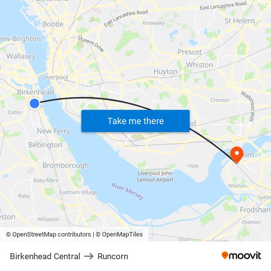 Birkenhead Central to Runcorn map