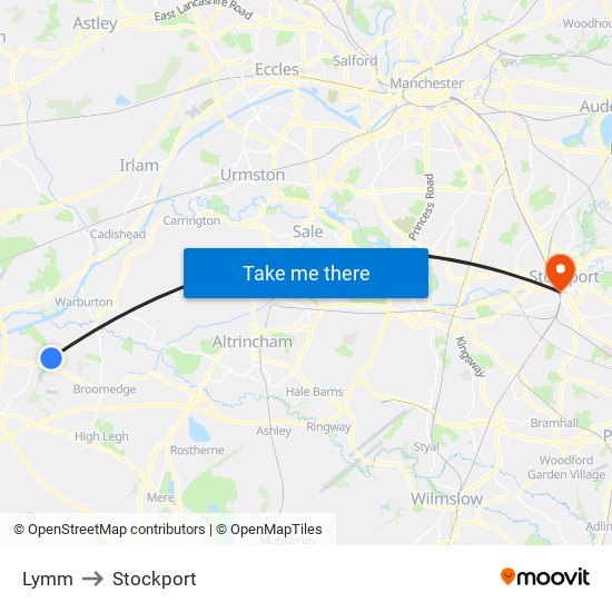 Lymm to Stockport map