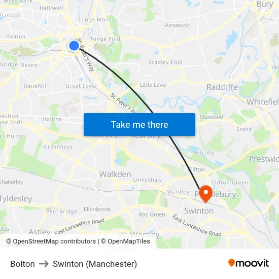 Bolton to Swinton (Manchester) map