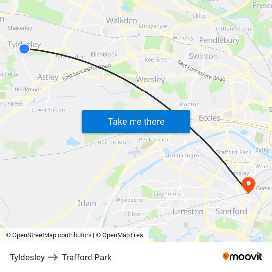 Tyldesley to Trafford Park map