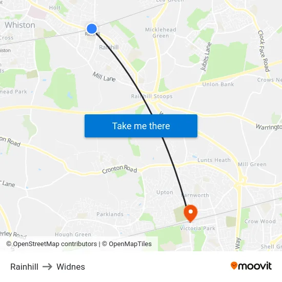 Rainhill to Widnes map
