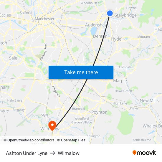 Ashton Under Lyne to Wilmslow map