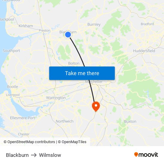 Blackburn to Wilmslow map