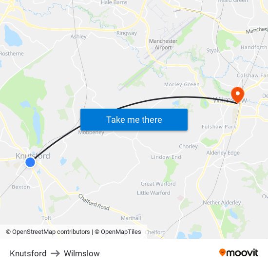 Knutsford to Wilmslow map