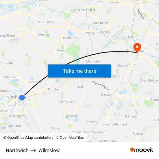 Northwich to Wilmslow map