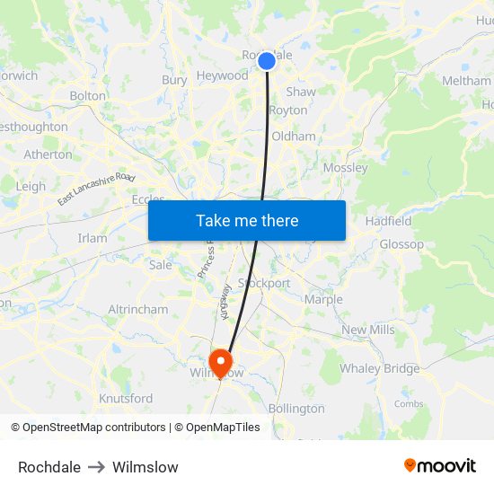 Rochdale to Wilmslow map