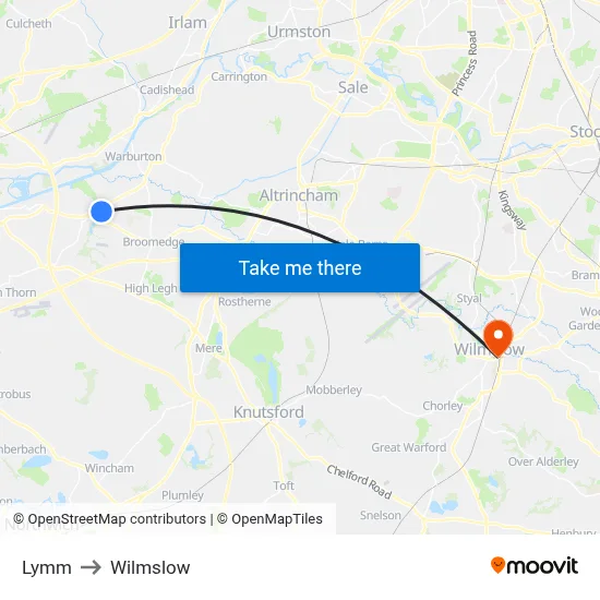 Lymm to Wilmslow map