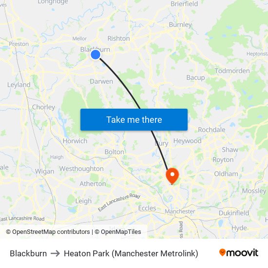 Blackburn to Heaton Park (Manchester Metrolink) map