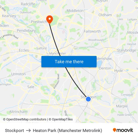 Stockport to Heaton Park (Manchester Metrolink) map