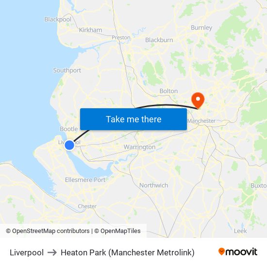 Liverpool to Heaton Park (Manchester Metrolink) map
